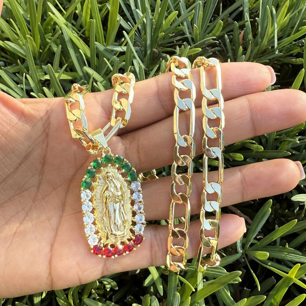 14K GP Virgin of Guadalupe Pendant Cubic Zirconia Figaro Link Chain 18 Inch 4mm